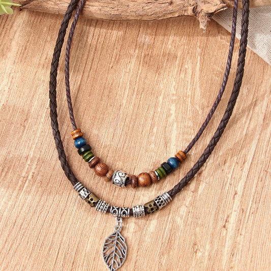 PU Leaf Wooden Bead Necklace, Party Ornament Jewelry