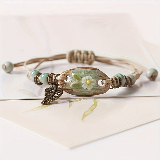 Vintage Leaf Pendant Braided Bracelet, Handmade